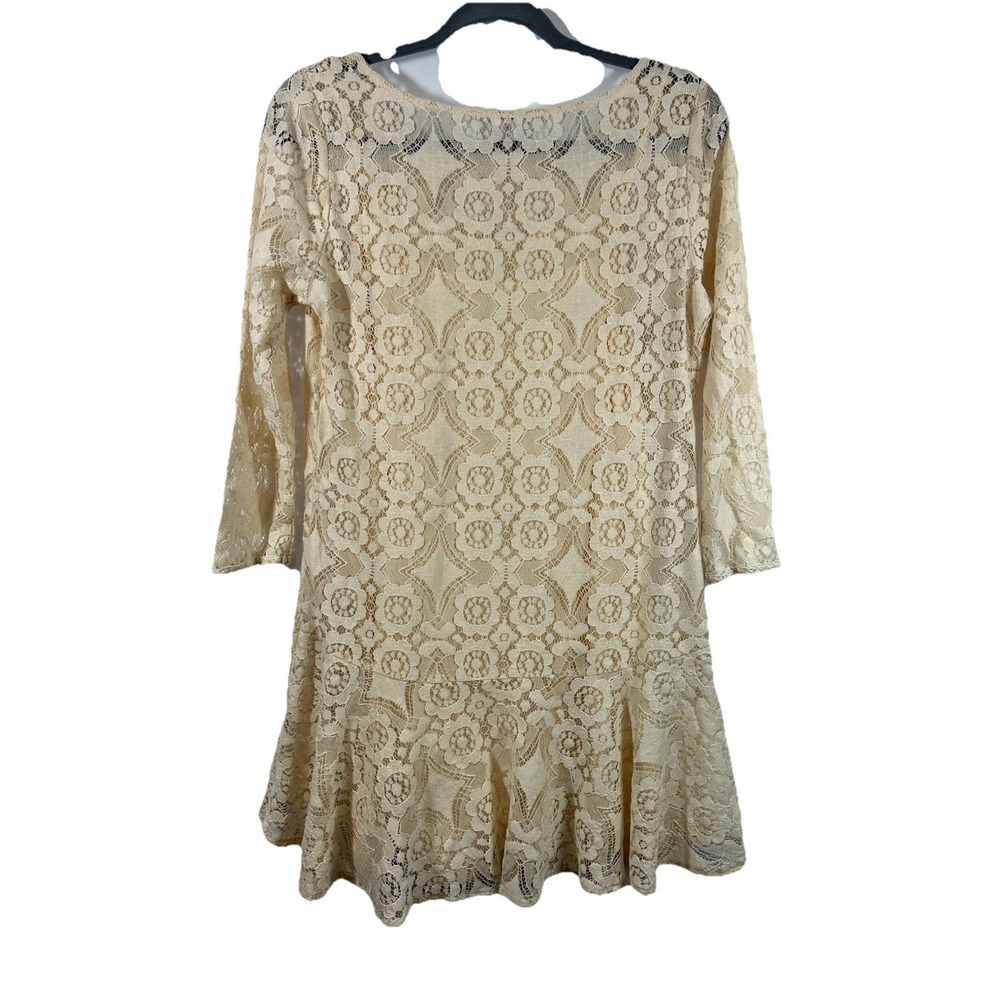 Free People Sz 8 Beige Lace Mini Dress Ruffled Peplum Hem Romantic Boho Whimsy - Picture 8 of 11